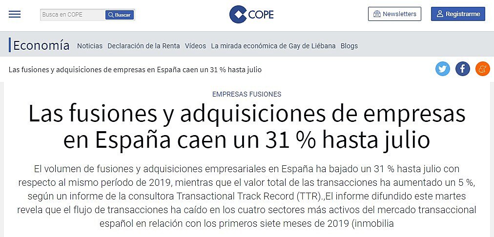 Las fusiones y adquisiciones de empresas en Espaa caen un 31 % hasta julio